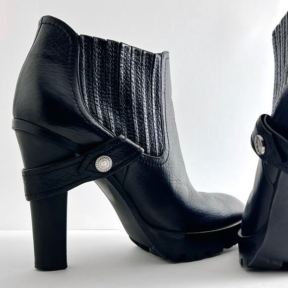 COPY Black Leather Lug Sole Moto Strap Ankle Boots, Size 7.5 (MSRP $750) - Picture 1 of 6